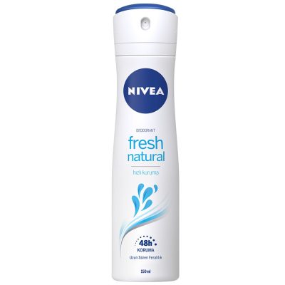NIVEA Fresh Natural Kadın Deodorant Sprey 150 ml, gün boyu süren ferahlık ve güven sağlar. Doğal içeriklerle zenginleştirilmiş formülü, ter kokusuna karşı etkili koruma sunar ve cildinizi tahriş etmez. Hafif ve ferahlatıcı kokusuyla günlük kullanım için idealdir.